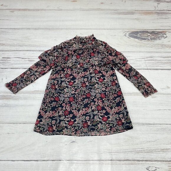 Zara Basic Collection Long Sleeve Dress Fringe Floral Red Black Size Small S - Picture 12 of 17